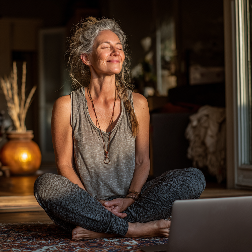 Happy middle-aged woman in her early 50s practicing yoga at home via video call on laptop, creating peaceful home practice space