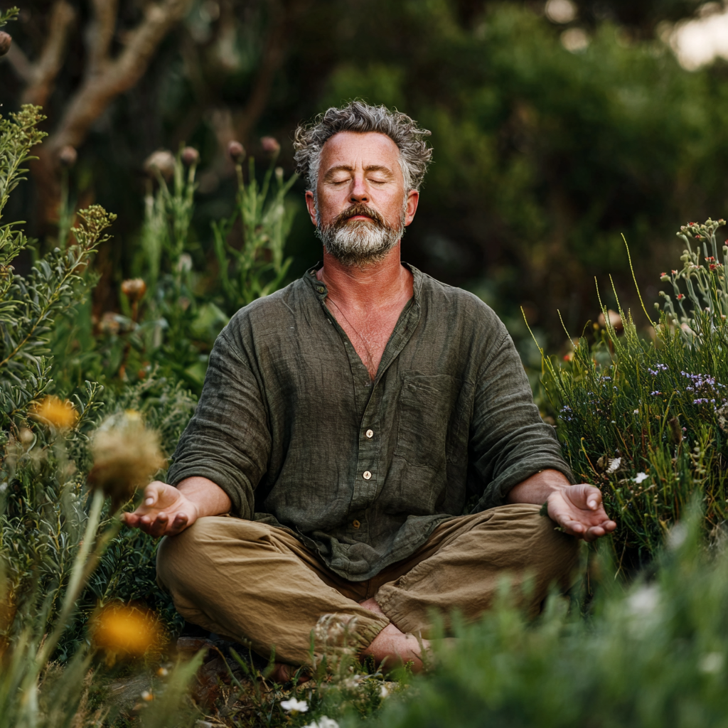Serene middle-aged man around 45 years old in lotus position during outdoor yoga session, surrounded by natural greenery